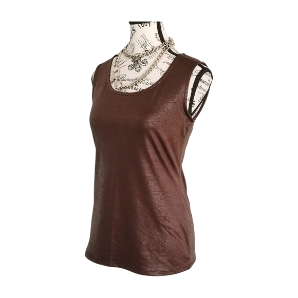 Michel Antoni Brown Distressed Wet Look Fitted Sleeveless Tank Top - Picture 2 of 5